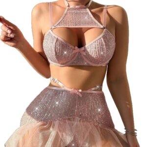 Sexy Lingerie Sequin Flash Nightclub Bow Sequin Suspender Sexy Mesh Lingerie