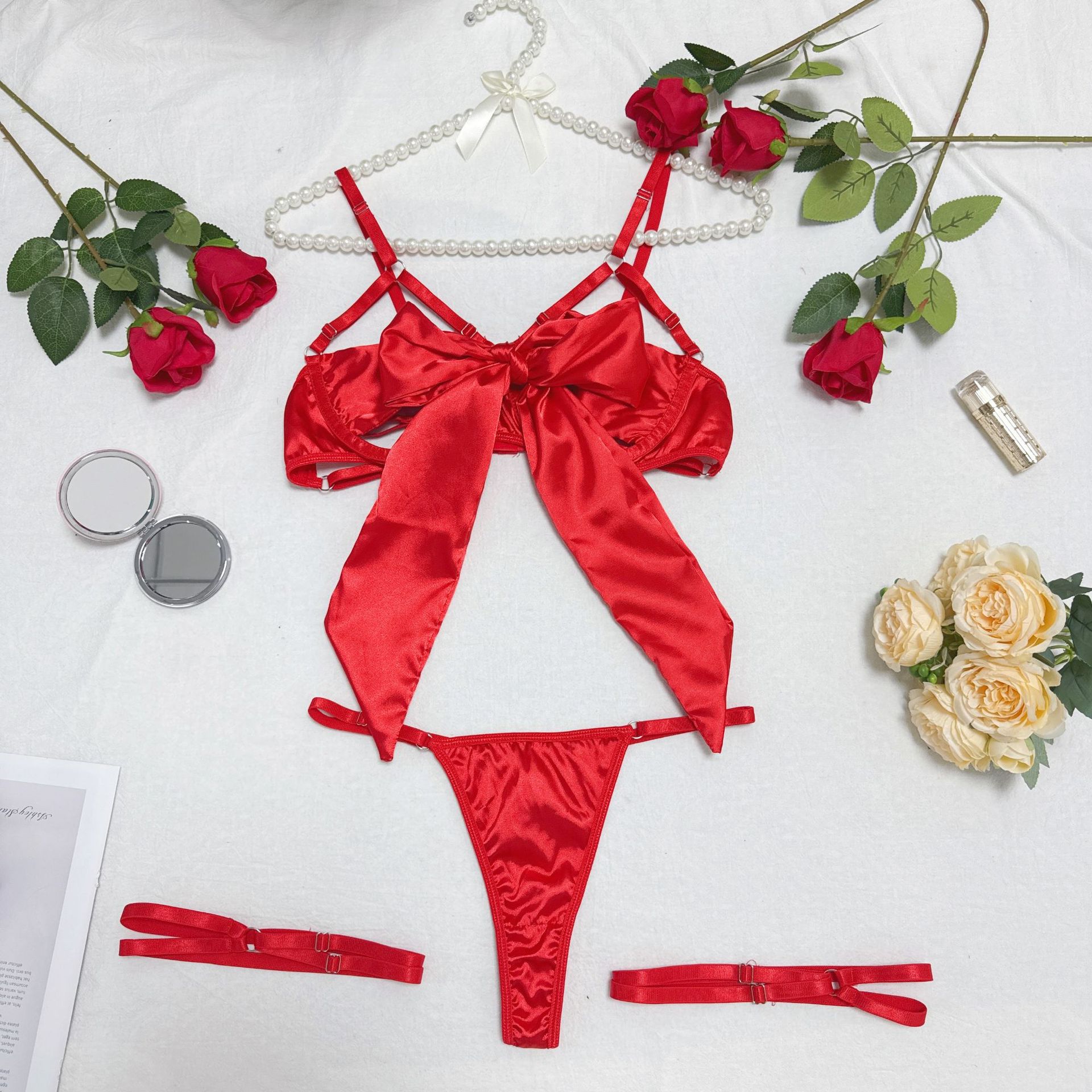Sexy three-piece lingerie set with delicate bow and hollow-out details, featuring underwire. - Image 8