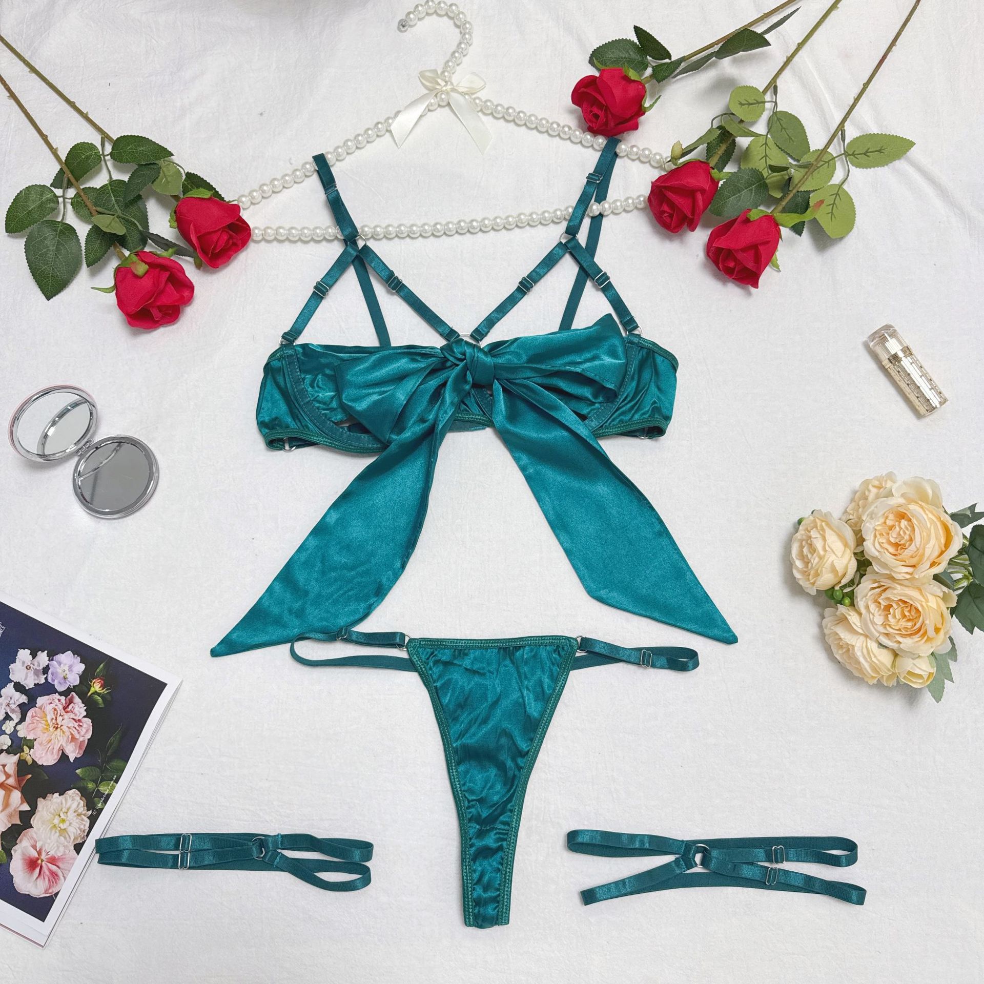 Sexy three-piece lingerie set with delicate bow and hollow-out details, featuring underwire. - Image 9