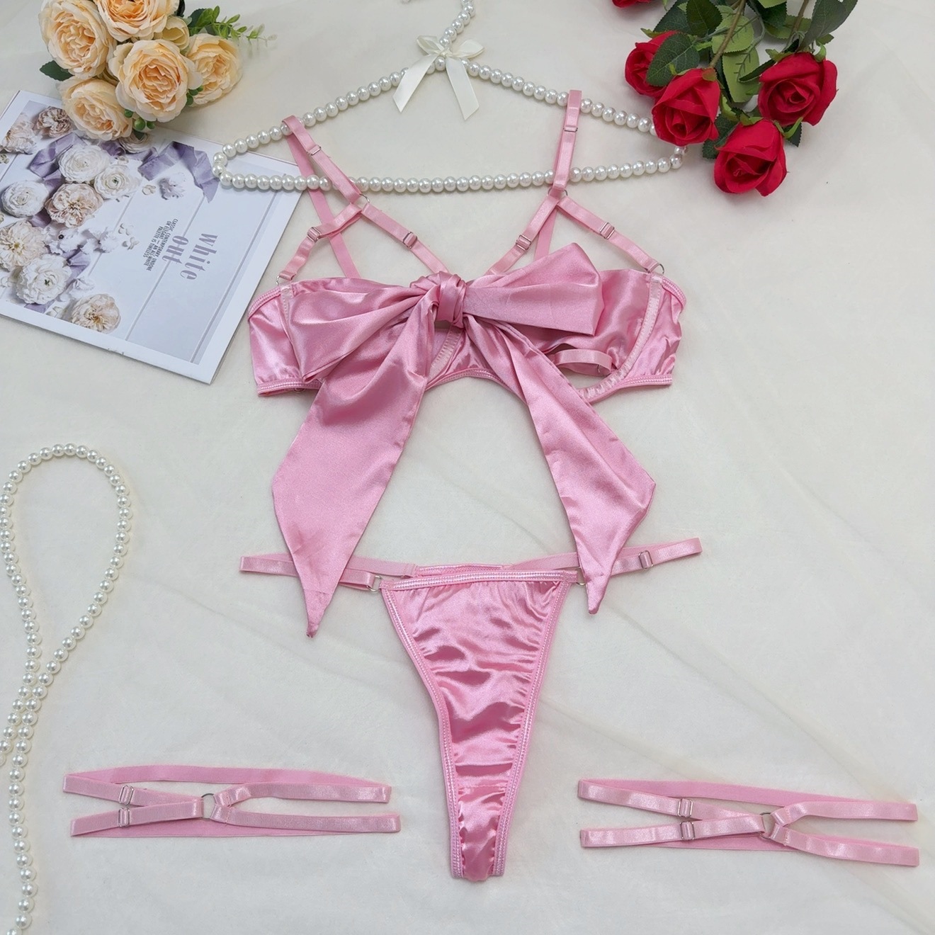 Sexy three-piece lingerie set with delicate bow and hollow-out details, featuring underwire. - Image 10