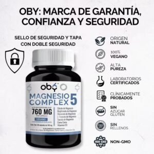 Oby Magnesium Complex | 5 Forms of Magnesium: Magnesium Citrate, Magnesium Glycinate, Magnesium L-Threonate, Magnesium Gluconate, and Magnesium Taurate | High Absorption - with Chelated Minerals, Camu Camu, and Vitamin D3 | 760 mg per capsule | 65 capsules
