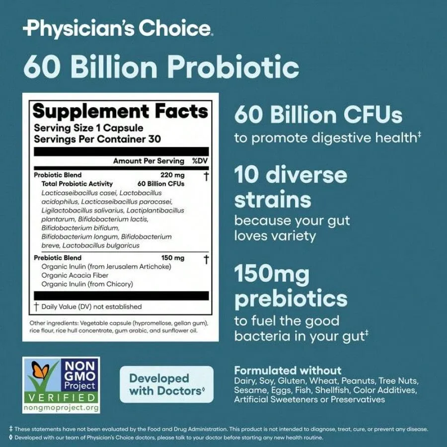 Physician's CHOICE - Optimal Gut Health Bundle: 60 Billion Probiotic 60ct + Digestive Enzyme 180ct for Digestive Comfort and Immune Support - Value Bundle - Image 8