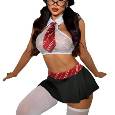 Flirty Teacher Lace Costume Set with Pleated Mini Skirt