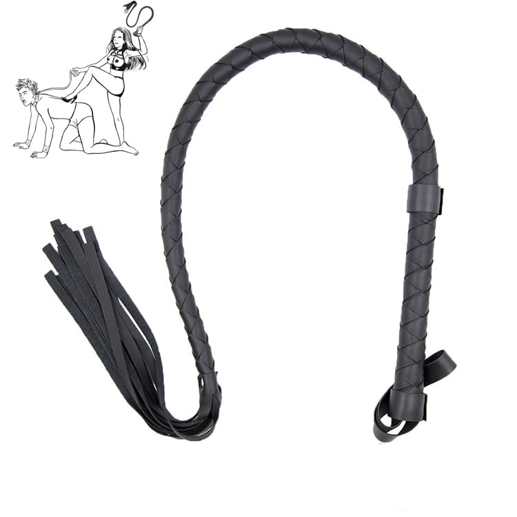 85cm Black PU Leather Flogger Whip – Braided Handle & Wrist Loop
