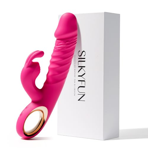 Pink thrusting rabbit vibrator with flexible rabbit ears beside product box